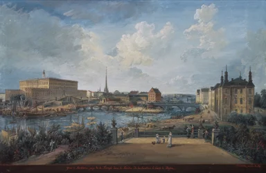 Utsikt över Stockholm från Fersen-terrassen med Palace Makalos (gouache på duk)